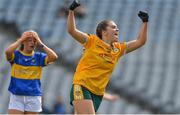 5 September 2021; Gráinne McLaughlin of Antrim celebrates after scoring her side's first goal during the TG4 All-Ireland Ladies Junior Football Championship Final match between Antrim and Wicklow at Croke Park in Dublin. Photo by Brendan Moran/Sportsfile