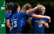 5 September 2021; Alanna Fitzpatrick, far right, of Leinster celebrates with team-mates after scoring her side's third try during the IRFU U18 Women's Interprovincial Championship Round 2 match between Leinster and Ulster at Templeville Road in Dublin. Photo by Ramsey Cardy/Sportsfile
