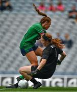 5 September 2021; Sarah Merrigan of Wexford saves a shot on goal by Sarah Dillon of Westmeath during the TG4 All-Ireland Ladies Intermediate Football Championship Final match between Westmeath and Wexford at Croke Park in Dublin. Photo by Eóin Noonan/Sportsfile