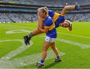 5 September 2021; Meadhbh Deeney of Wicklow is held aloft by her team-mate Sarah Miley as they celebrate after their side's victory in the TG4 All-Ireland Ladies Junior Football Championship Final match between Antrim and Wicklow at Croke Park in Dublin. Photo by Piaras Ó Mídheach/Sportsfile