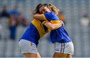 5 September 2021; Lorna Fusciardi, right, and Laurie Ahern of Wicklow celebrate at the final whistle of the TG4 All-Ireland Ladies Junior Football Championship Final match between Antrim and Wicklow at Croke Park in Dublin. Photo by Brendan Moran/Sportsfile
