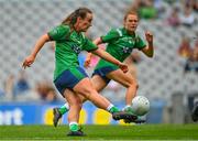 5 September 2021; Lucy McCartan of Westmeath shoots to score her side's second goal during the TG4 All-Ireland Ladies Intermediate Football Championship Final match between Westmeath and Wexford at Croke Park in Dublin. Photo by Eóin Noonan/Sportsfile