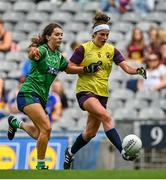 5 September 2021; Róisín Murphy of Wexford in action against Vicky Carr of Westmeath during the TG4 All-Ireland Ladies Intermediate Football Championship Final match between Westmeath and Wexford at Croke Park in Dublin. Photo by Eóin Noonan/Sportsfile