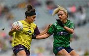 5 September 2021; Catriona Murray of Wexford in action against Fiona Coyle of Westmeath during the TG4 All-Ireland Ladies Intermediate Football Championship Final match between Westmeath and Wexford at Croke Park in Dublin. Photo by Eóin Noonan/Sportsfile