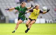 5 September 2021; Niamh Spellman of Westmeath in action against Emma Tomkins of Wexford during the TG4 All-Ireland Ladies Intermediate Football Championship Final match between Westmeath and Wexford at Croke Park in Dublin. Photo by Stephen McCarthy/Sportsfile