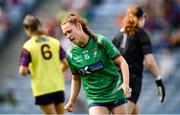 5 September 2021; Sarah Dillon of Westmeath celebrates after scoring her side's third goal during the TG4 All-Ireland Ladies Intermediate Football Championship Final match between Westmeath and Wexford at Croke Park in Dublin. Photo by Stephen McCarthy/Sportsfile