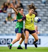 5 September 2021; Shauna Murphy of Wexford in action against Lucy McCartan of Westmeath during the TG4 All-Ireland Ladies Intermediate Football Championship Final match between Westmeath and Wexford at Croke Park in Dublin. Photo by Stephen McCarthy/Sportsfile