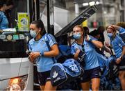 5 September 2021; Dublin players Lauren Magee, second from left, and Niamh Hetherton arrive for the TG4 All-Ireland Ladies Senior Football Championship Final match between Dublin and Meath at Croke Park in Dublin. Photo by Piaras Ó Mídheach/Sportsfile
