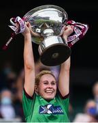5 September 2021; Westmeath captain Fiona Claffey lifts the Mary Quinn Memorial Cup after the TG4 All-Ireland Ladies Intermediate Football Championship Final match between Westmeath and Wexford at Croke Park in Dublin. Photo by Eóin Noonan/Sportsfile