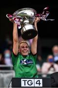 5 September 2021; Westmeath captain Fiona Claffey lifts the Mary Quinn Memorial Cup after the TG4 All-Ireland Ladies Intermediate Football Championship Final match between Westmeath and Wexford at Croke Park in Dublin. Photo by Eóin Noonan/Sportsfile