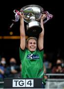 5 September 2021; Westmeath captain Fiona Claffey lifts the Mary Quinn Memorial Cup following the TG4 All-Ireland Ladies Intermediate Football Championship Final match between Westmeath and Wexford at Croke Park in Dublin. Photo by Stephen McCarthy/Sportsfile