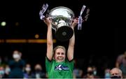 5 September 2021; Westmeath captain Fiona Claffey lifts the Mary Quinn Memorial Cup following the TG4 All-Ireland Ladies Intermediate Football Championship Final match between Westmeath and Wexford at Croke Park in Dublin. Photo by Stephen McCarthy/Sportsfile