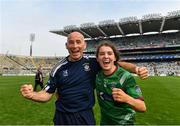 5 September 2021; Vicky Carr of Westmeath with her father, Westmeath selector and former Dublin footballer and manager Tommy Carr after the TG4 All-Ireland Ladies Intermediate Football Championship Final match between Westmeath and Wexford at Croke Park in Dublin. Photo by Eóin Noonan/Sportsfile