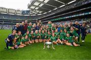 5 September 2021; Westmeath players celebrate with the Mary Quinn Memorial Cup following the TG4 All-Ireland Ladies Intermediate Football Championship Final match between Westmeath and Wexford at Croke Park in Dublin. Photo by Stephen McCarthy/Sportsfile