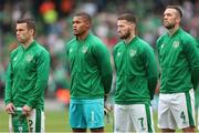 4 September 2021; Republic of Ireland players from left, Seamus Coleman, Gavin Bazunu, Matt Doherty, Shane Duffy before the national anthem before the FIFA World Cup 2022 qualifying group A match between Republic of Ireland and Azerbaijan at the Aviva Stadium in Dublin. Photo by Michael P Ryan/Sportsfile