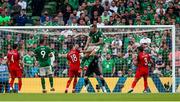 4 September 2021; Shane Duffy of Republic of Ireland heads to score his side's first goal during the FIFA World Cup 2022 qualifying group A match between Republic of Ireland and Azerbaijan at the Aviva Stadium in Dublin. Photo by Michael P Ryan/Sportsfile
