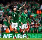 4 September 2021; Shane Duffy of Republic of Ireland celebrates after scoring his side's first goal during the FIFA World Cup 2022 qualifying group A match between Republic of Ireland and Azerbaijan at the Aviva Stadium in Dublin. Photo by Michael P Ryan/Sportsfile