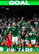 4 September 2021; Shane Duffy of Republic of Ireland celebrates after scoring his side's first goal during the FIFA World Cup 2022 qualifying group A match between Republic of Ireland and Azerbaijan at the Aviva Stadium in Dublin. Photo by Michael P Ryan/Sportsfile