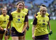 5 September 2021; Wexford players Chloe Dwyer, 29, and Evelyn Deans, 28, dejected after their side's defeat during the TG4 All-Ireland Ladies Intermediate Football Championship Final match between Westmeath and Wexford at Croke Park in Dublin. Photo by Piaras Ó Mídheach/Sportsfile