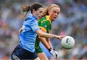 5 September 2021; Sinéad Aherne of Dublin in action against Aoibhín Cleary of Meath during the TG4 All-Ireland Ladies Senior Football Championship Final match between Dublin and Meath at Croke Park in Dublin. Photo by Brendan Moran/Sportsfile