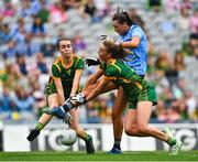 5 September 2021; Niamh Hetherton of Dublin has her shot on goal blocked by Mary Kate Lynch, left, and Aoibhín Cleary of Meath during the TG4 All-Ireland Ladies Senior Football Championship Final match between Dublin and Meath at Croke Park in Dublin. Photo by Eóin Noonan/Sportsfile