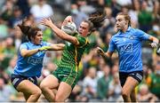 5 September 2021; Emma Duggan of Meath in action against Niamh Collins, left, and Lauren Magee of Dublin during the TG4 All-Ireland Ladies Senior Football Championship Final match between Dublin and Meath at Croke Park in Dublin. Photo by Piaras Ó Mídheach/Sportsfile