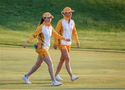 5 September 2021; Leona Maguire, left, and Mel Reid of Team Europe walk the first fairway during their morning foursomes match against Nelly Korda and Ally Ewing of Team USA on day two of the Solheim Cup at the Inverness Club in Toledo, Ohio, USA. Photo by Brian Spurlock/Sportsfile