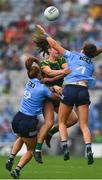 5 September 2021; Emma Duggan of Meath in action against Leah Caffrey, right, and Lauren Magee of Dublin during the TG4 All-Ireland Ladies Senior Football Championship Final match between Dublin and Meath at Croke Park in Dublin. Photo by Eóin Noonan/Sportsfile