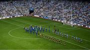 5 September 2021; The Artane School of Music Band lead the Dublin and Meath players in the pre-match parade before the TG4 All-Ireland Ladies Senior Football Championship Final match between Dublin and Meath at Croke Park in Dublin. Photo by Stephen McCarthy/Sportsfile
