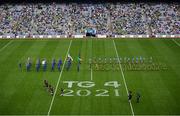 5 September 2021; The Artane School of Music Band lead the Dublin and Meath players in the pre-match parade before the TG4 All-Ireland Ladies Senior Football Championship Final match between Dublin and Meath at Croke Park in Dublin. Photo by Stephen McCarthy/Sportsfile