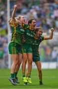 5 September 2021; Meath players, from left, Orlagh Lally, Niamh Gallogly and Niamh O'Sullivan celebrate at the final whistle of the TG4 All-Ireland Ladies Senior Football Championship Final match between Dublin and Meath at Croke Park in Dublin. Photo by Brendan Moran/Sportsfile