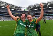 5 September 2021; Meath players Shauna Ennis, left, and Máire O'Shaughnessy celebrate after their side's victory in the TG4 All-Ireland Ladies Senior Football Championship Final match between Dublin and Meath at Croke Park in Dublin. Photo by Piaras Ó Mídheach/Sportsfile