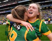 5 September 2021; Meath players Orlagh Lally, right, and Ali Sherlock celebrate after their side's victory in the TG4 All-Ireland Ladies Senior Football Championship Final match between Dublin and Meath at Croke Park in Dublin. Photo by Piaras Ó Mídheach/Sportsfile