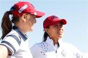 5 September 2021; Austin Ernst, left, and Danielle Kang of Team USA after winning their morning foursomes match on day two of the Solheim Cup at the Inverness Club in Toledo, Ohio, USA. Photo by Brian Spurlock/Sportsfile