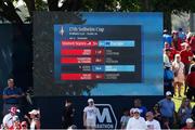 5 September 2021; A screen at the 17th green shows the current scores during the morning foursomes on day two of the Solheim Cup at the Inverness Club in Toledo, Ohio, USA. Photo by Brian Spurlock/Sportsfile