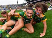 5 September 2021; Meath players Máire O'Shaughnessy, left, and Emma Duggan celebrate after their side's victory in the TG4 All-Ireland Ladies Senior Football Championship Final match between Dublin and Meath at Croke Park in Dublin. Photo by Piaras Ó Mídheach/Sportsfile