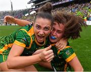 5 September 2021; Meath players Máire O'Shaughnessy, left, and Emma Duggan celebrate after their side's victory in the TG4 All-Ireland Ladies Senior Football Championship Final match between Dublin and Meath at Croke Park in Dublin. Photo by Piaras Ó Mídheach/Sportsfile