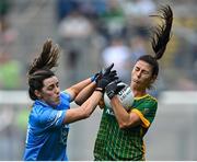 5 September 2021; Emma Troy of Meath is tackled by Lyndsey Davey of Dublin during the TG4 All-Ireland Ladies Senior Football Championship Final match between Dublin and Meath at Croke Park in Dublin. Photo by Piaras Ó Mídheach/Sportsfile