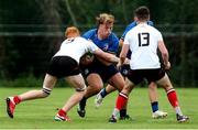 4 September 2021; Adam Deay of Leinster is tackled by Mark Lee of Ulster during the IRFU U18 Men's Clubs Interprovincial Championship Round 3 match between Ulster and Leinster at Newforge in Belfast. Photo by John Dickson/Sportsfile