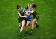 5 September 2021; Martha Byrne of Dublin in action against Bridgetta Lynch, left, and Emma Duggan of Meath during the TG4 All-Ireland Ladies Senior Football Championship Final match between Dublin and Meath at Croke Park in Dublin. Photo by Stephen McCarthy/Sportsfile