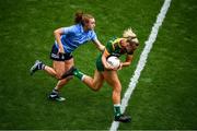 5 September 2021; Vikki Wall of Meath in action against Lauren Magee of Dublin during the TG4 All-Ireland Ladies Senior Football Championship Final match between Dublin and Meath at Croke Park in Dublin. Photo by Stephen McCarthy/Sportsfile