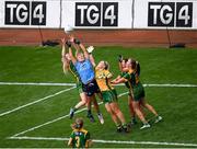 5 September 2021; Carla Rowe of Dublin in action against Meath players, from left, Orlagh Lally, Monica McGuirk, Shauna Ennis and Aoibhín Cleary, 6, during the TG4 All-Ireland Ladies Senior Football Championship Final match between Dublin and Meath at Croke Park in Dublin. Photo by Stephen McCarthy/Sportsfile