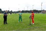 6 September 2021; Ireland Wolves captain William Porterfield performs the coin toss alongside Zimbabwe XI captain Regis Chakabva and referee Kevin Gallagher before the one day match between Ireland Wolves and Zimbabwe XI at Belmont Park in Belfast. Photo by Piaras Ó Mídheach/Sportsfile