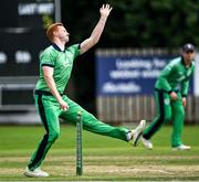6 September 2021; Aaron Cawley of Ireland Wolves bowls during the one day match between Ireland Wolves and Zimbabwe XI at Belmont Park in Belfast. Photo by Piaras Ó Mídheach/Sportsfile