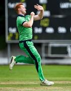 6 September 2021; Aaron Cawley of Ireland Wolves bowls during the one day match between Ireland Wolves and Zimbabwe XI at Belmont Park in Belfast. Photo by Piaras Ó Mídheach/Sportsfile  *** Local Caption *** Aaron