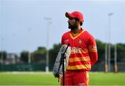 6 September 2021; Player of the match Sikandar Raza Butt is interviewed after his side's victory in the one day match between Ireland Wolves and Zimbabwe XI at Belmont Park in Belfast. Photo by Piaras Ó Mídheach/Sportsfile