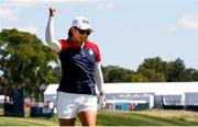 6 September 2021; Mina Harigae of Team USA celebrates after making a chip out of a bunker at the first green during her individual match against Celine Boutier of Team Europe on day three of the Solheim Cup at the Inverness Club in Toledo, Ohio, USA. Photo by Brian Spurlock/Sportsfile
