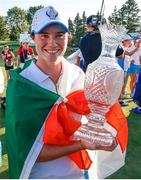 6 September 2021; Leona Maguire of Team Europe celebrates with the Solheim Cup after victory on day three of the Solheim Cup at the Inverness Club in Toledo, Ohio, USA. Photo by Brian Spurlock/Sportsfile
