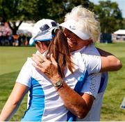 6 September 2021; Leona Maguire of Team Europe embraces vice captain Laura Davies on the 14th green after winning her singles match on day three of the Solheim Cup at the Inverness Club in Toledo, Ohio, USA. Photo by Brian Spurlock/Sportsfile