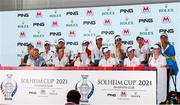 6 September 2021; Team Europe during a press conference on day three of the Solheim Cup at the Inverness Club in Toledo, Ohio, USA. Photo by Brian Spurlock/Sportsfile